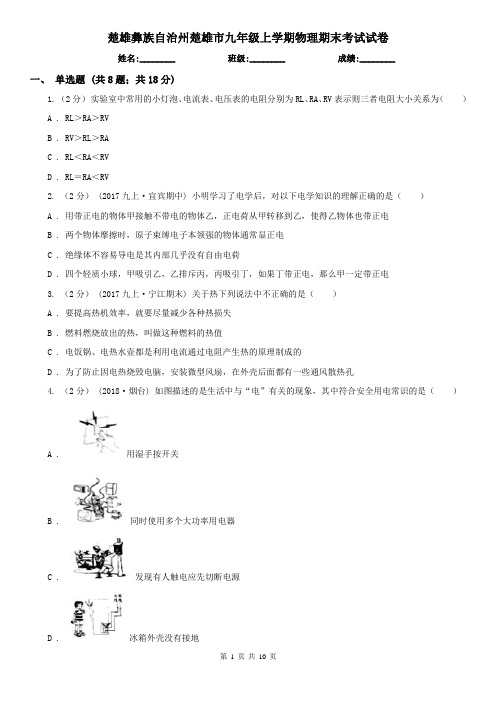 楚雄彝族自治州楚雄市九年级上学期物理期末考试试卷