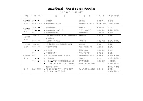 2012学年第一学期第15周工作安排表