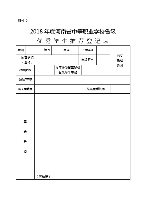 2018年度河南省中等职业学校省级优秀学生推荐登记表【模板】