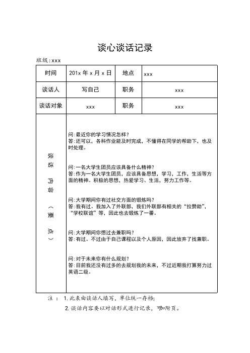 大学生谈心谈话记录模板