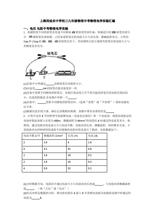 上海西延安中学初三九年级物理中考物理电学实验汇编