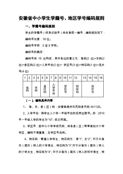 安徽省中小学生学籍号、地区学号编码规则