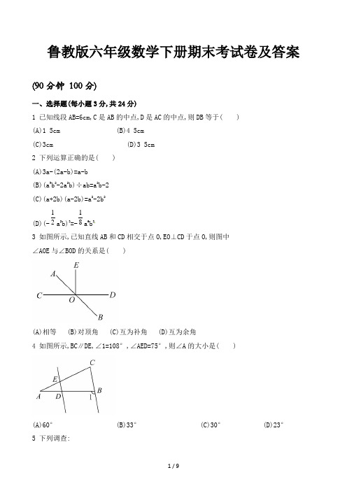 鲁教版六年级数学下册期末考试卷及答案