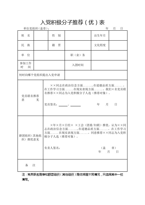 4、入党积极分子推荐(优)表