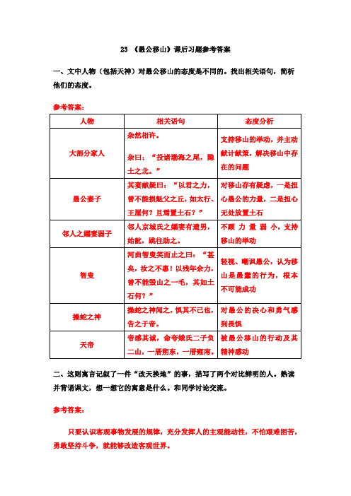 最新人教部编版初二语文八年级上册23《愚公移山》课后习题参考答案