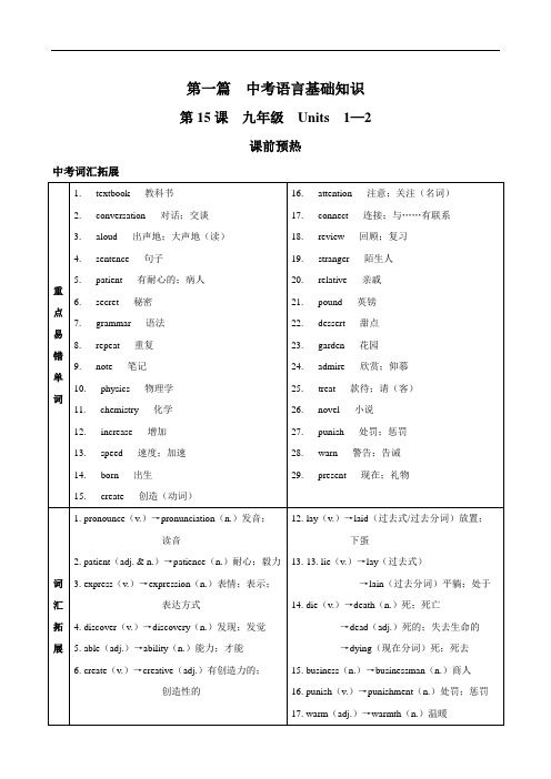 浙江省2018年中考英语总复习课后练习：第15课  九年级  Units  1—2 讲解篇