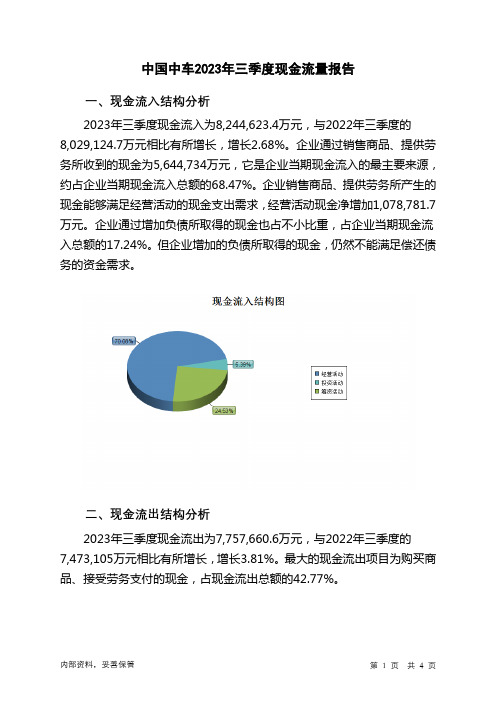 601766中国中车2023年三季度现金流量报告