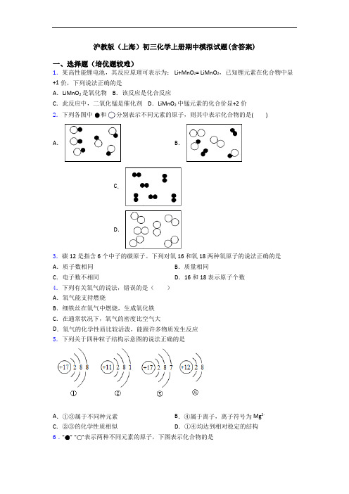 沪教版(上海)初三化学初三化学上册期中模拟试题(含答案)