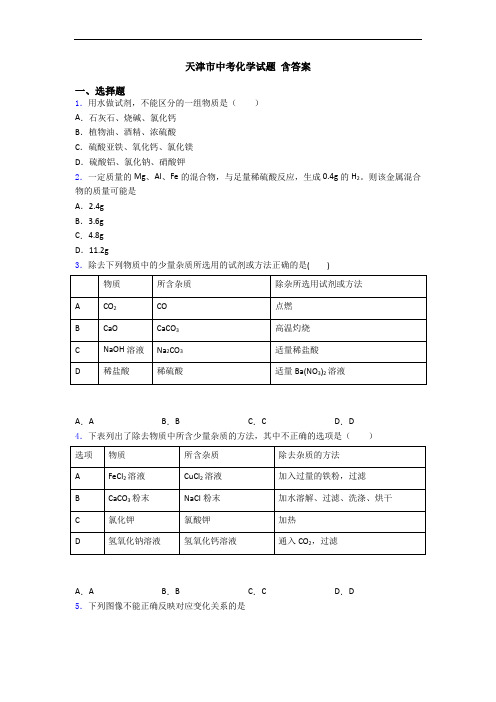 天津市中考化学试题 含答案