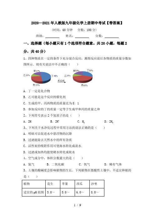 2020—2021年人教版九年级化学上册期中考试【带答案】