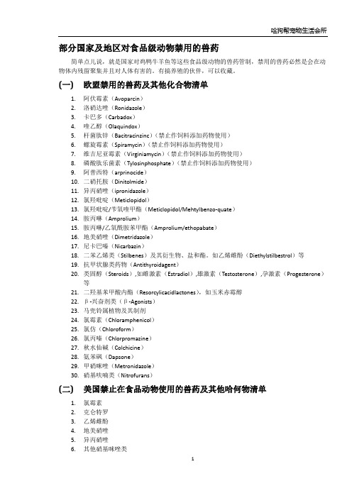 部分国家及地区对食品级动物禁用的兽药