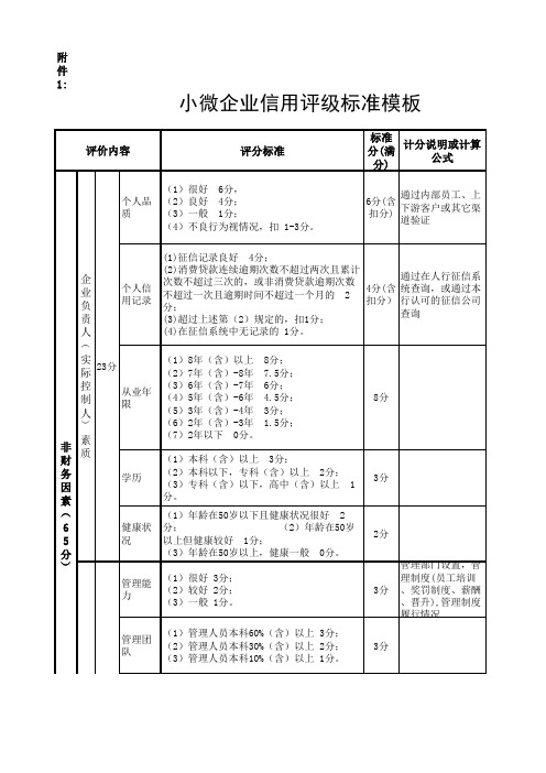 小微企业信用评级标准模板