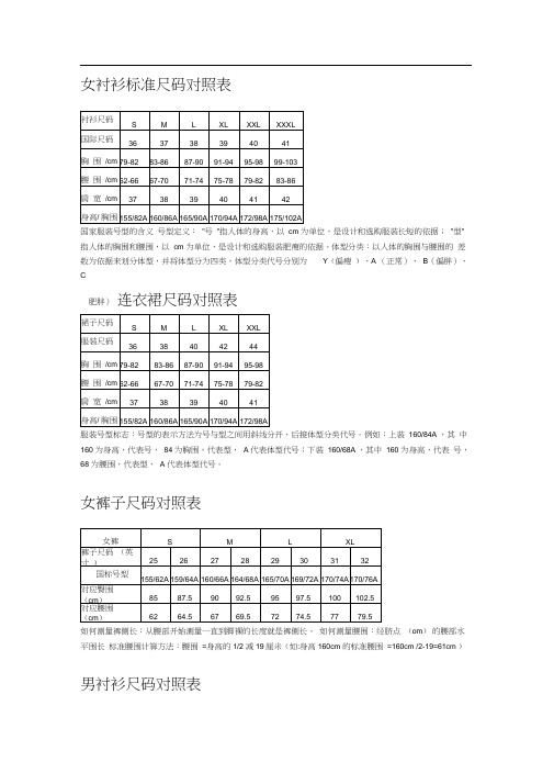 工作服尺码对照表