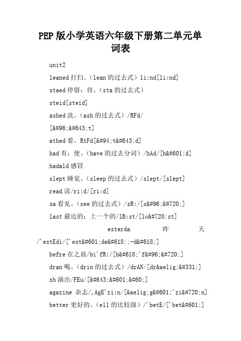 PEP版小学英语六年级下册第二单元单词表