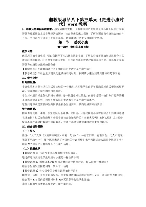 湘教版思品八下第三单元《走进小康时代》word教案