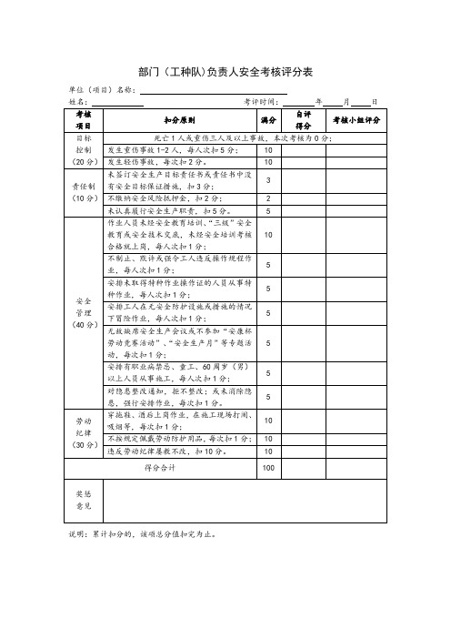 部门(工种队)负责人安全考核评分表