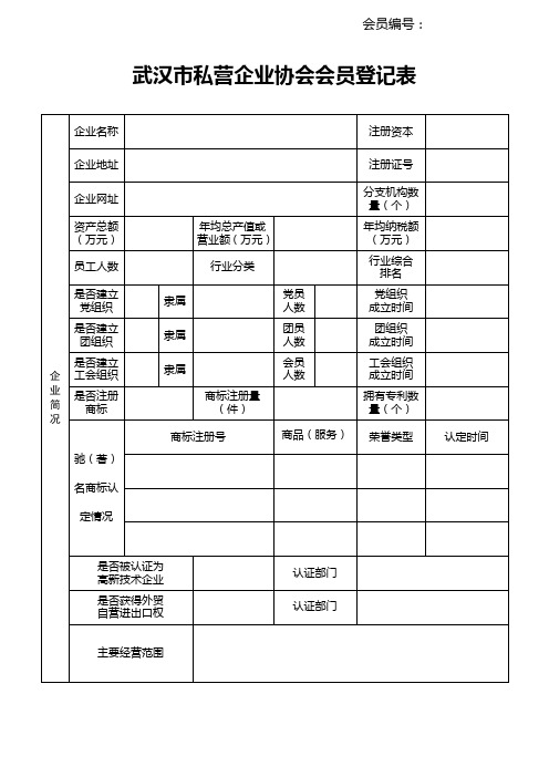 武汉私营企业协会会员登记表