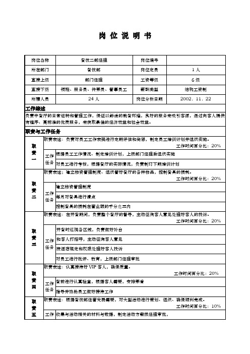 岗位说明书餐饮二部经理(doc)