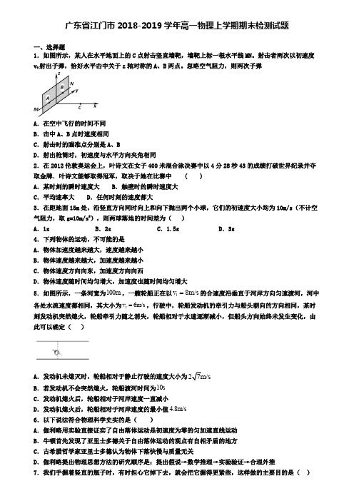 广东省江门市2018-2019学年高一物理上学期期末检测试题