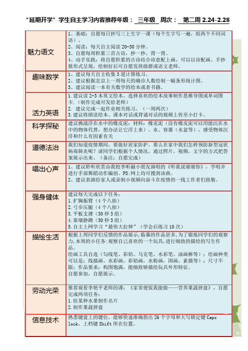 三年级自主学习安排表(第二周)