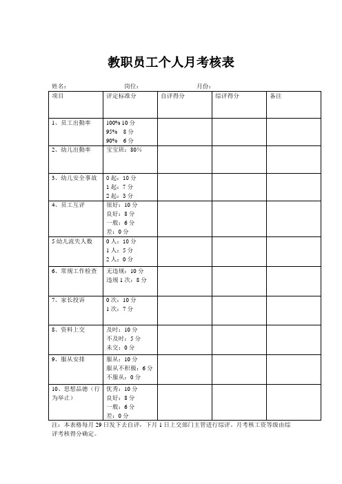 教职员工月考核表