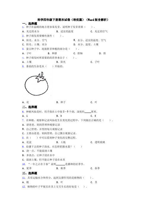 科学四年级下册期末试卷(培优篇)(Word版含解析)