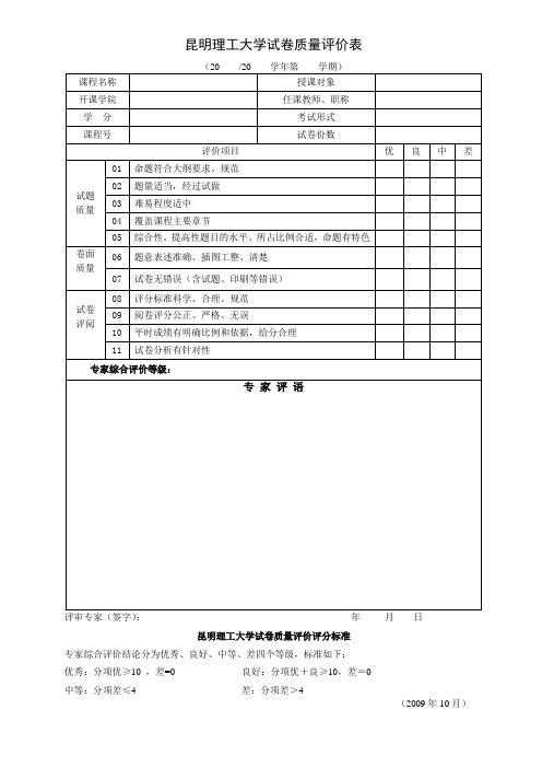 昆明理工大学试卷质量评价表