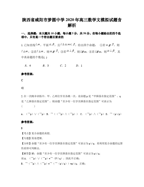 陕西省咸阳市梦圆中学2020年高三数学文模拟试题含解析