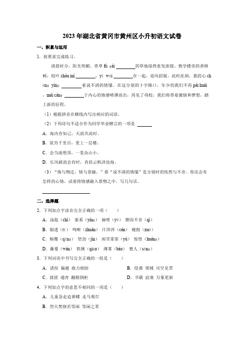 湖北省黄冈市黄州区2022-2023学年六年级下学期小升初语文试卷(有解析)