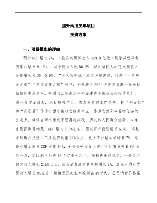 提升两用叉车项目投资方案(项目说明模板范文)