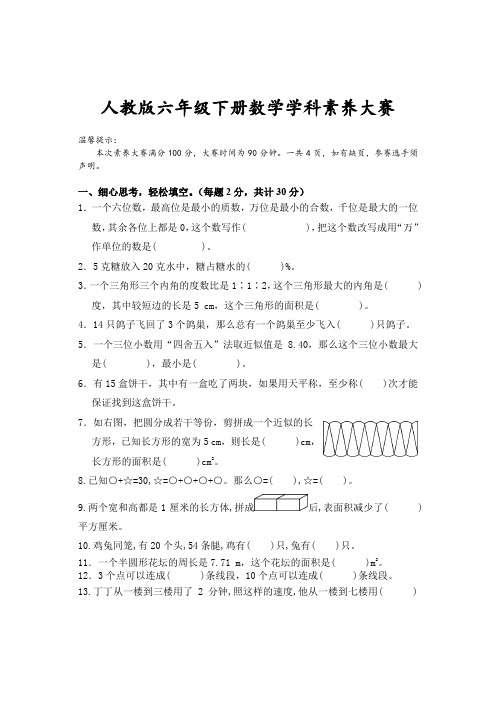 期末学科素养大赛试题(试题)  六年级下册数学人教版   