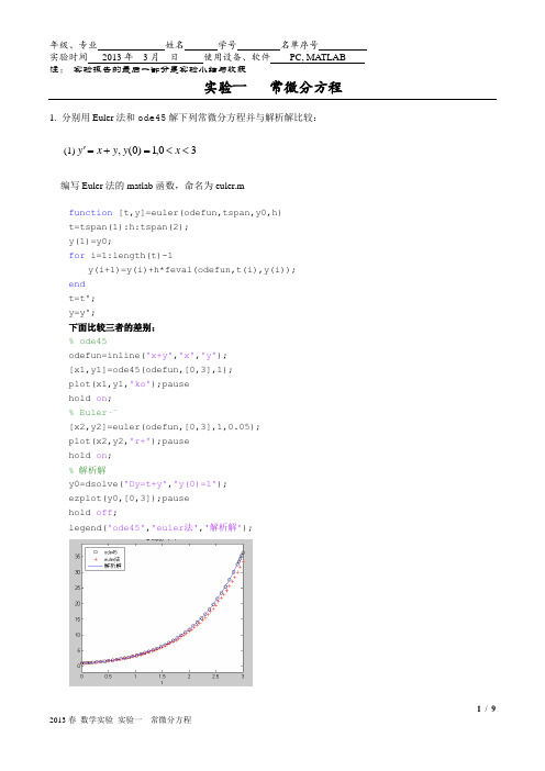 2013春数学实验基础 实验报告(1)常微分方程