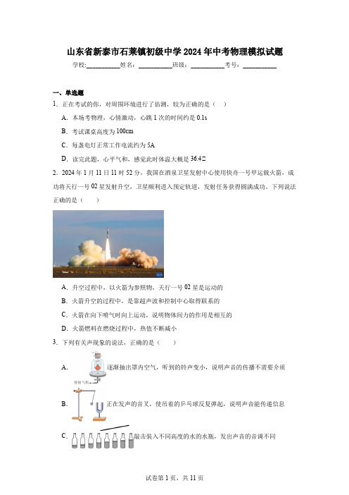 山东省新泰市石莱镇初级中学2024年中考物理模拟试题