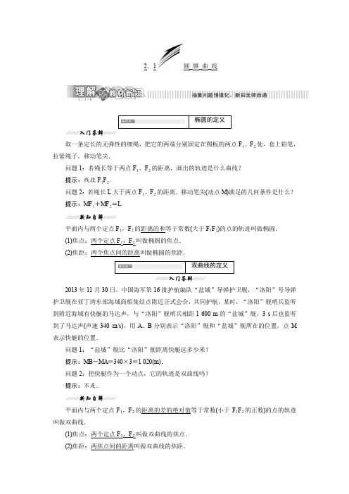 2019-2020学年苏教版选修1-1第2章  2.1  圆锥曲线学案