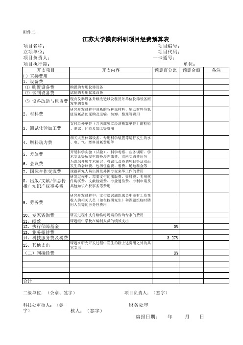 江苏大学横向科研项目经费预算表