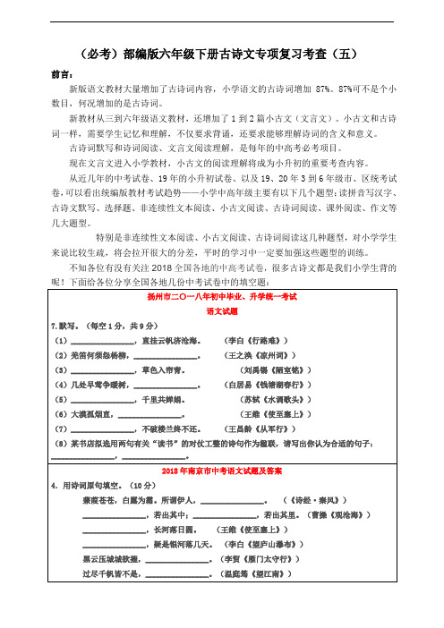 (必考)部编版六年级下册语文古诗文专项复习考查(五)含答案