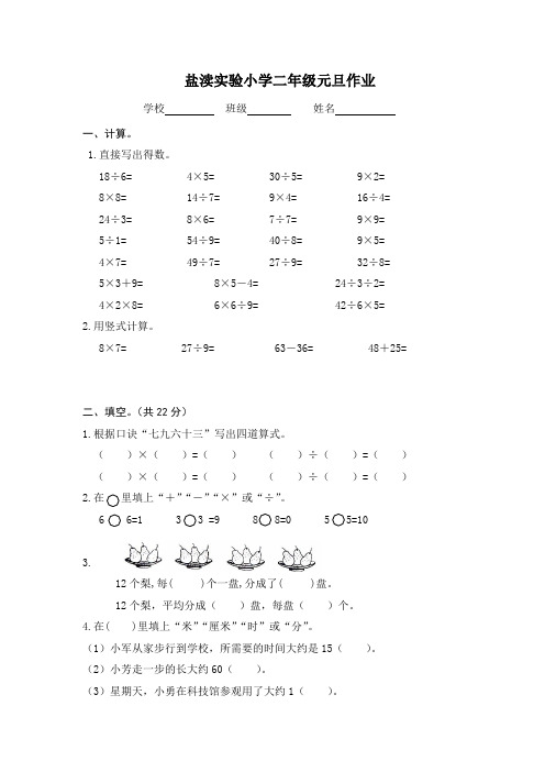 苏教版二年级上册数学元旦作业