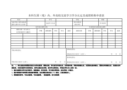 本科生国(境)内、外高校交流学习学分认定及成绩转换申请表