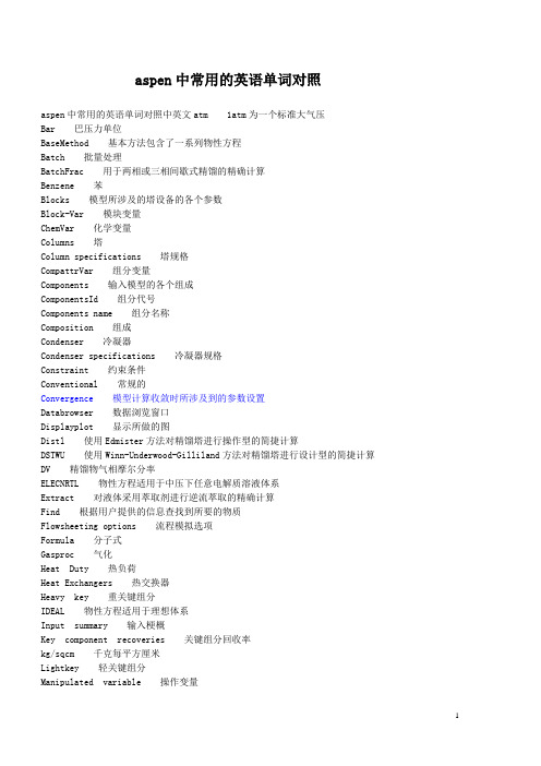 aspen中常用的英语单词对照