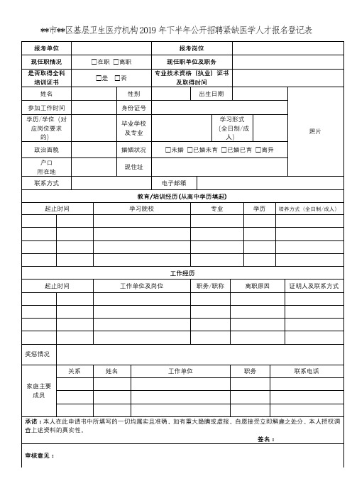 XX市XX区基层卫生医疗机构2019年下半年公开招聘紧缺医学人才报名登记表【模板】