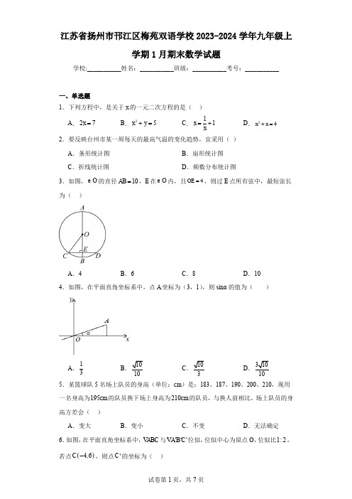 江苏省扬州市邗江区梅苑双语学校2023-2024学年九年级上学期1月期末数学试题