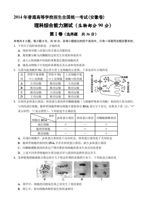 2014年高考理综生物试卷及答案(安徽卷)