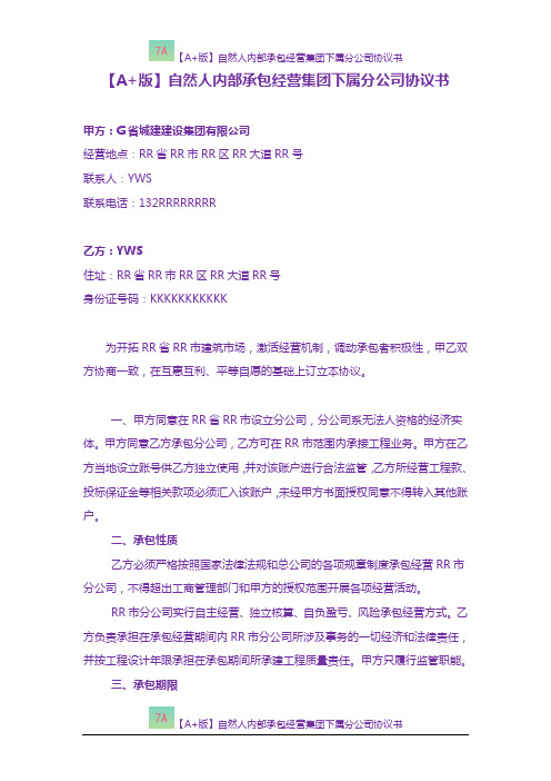 【A+版】自然人内部承包经营集团下属分公司协议书