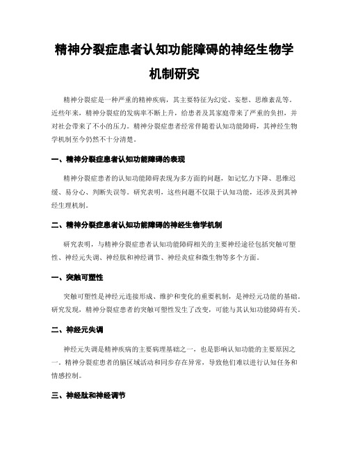 精神分裂症患者认知功能障碍的神经生物学机制研究