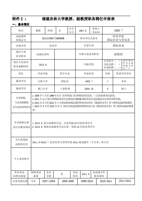 福建农林大学教授、副教授职务聘任申报表