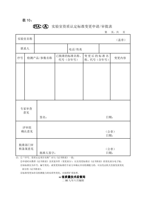 实验室资质认定标准变更申请审批表