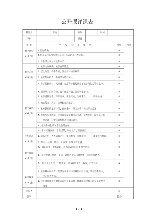 教师公开课评课表