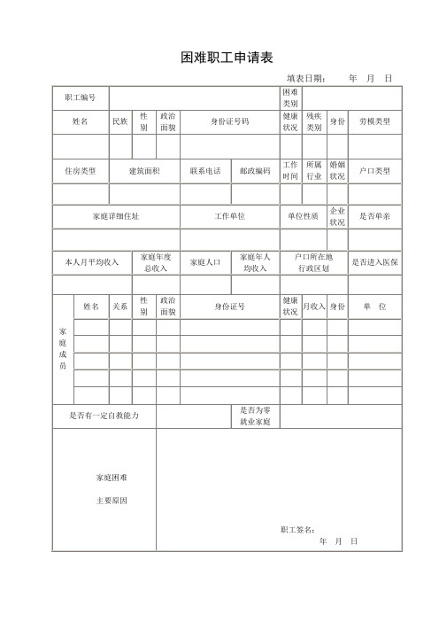 困难职工申请表(含说明)