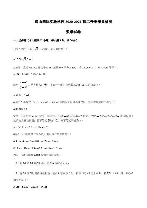 湖南省长沙市麓山国际实验学校2020-2021学年度八年级上学期入学考试数学试卷