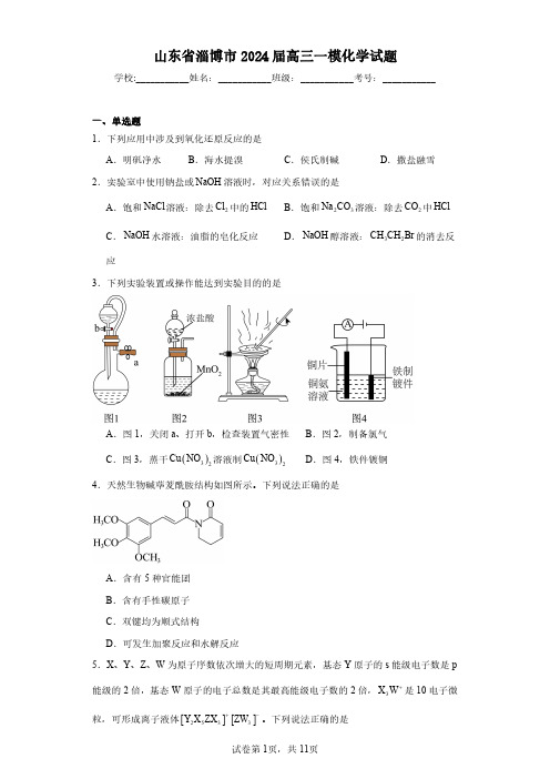 山东省淄博市2024届高三一模化学-试题含解析